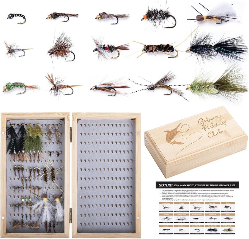 Goture Fly Fishing Flies Kit, 54pcs Dry Wet Flies Streamers Nymphs with Wooden Fly Box, Bass Trout Steelhead Salmon Lures Set Assortment Kit, Gifts for Men - Image 1